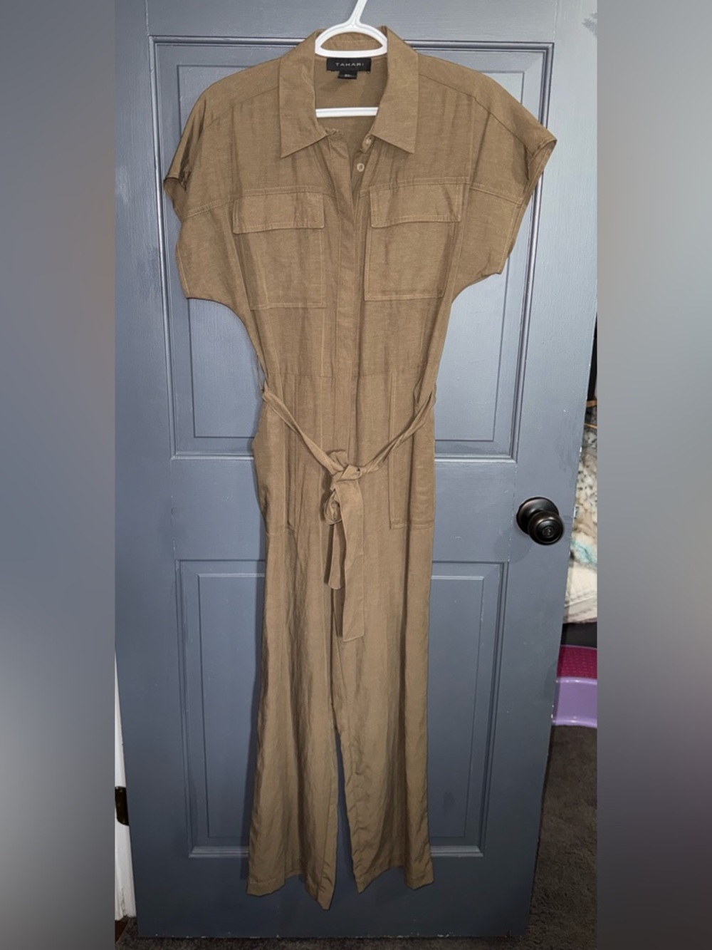 TAHARI Women’s Olive Linen Short Sleeve Collared Button Wide-Leg Jumpsuit S